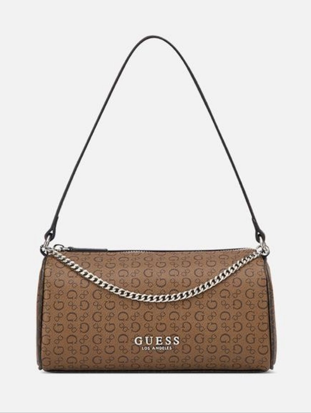 GUESS Brown Logo Monogram Shoulder Bag with Silver Chain